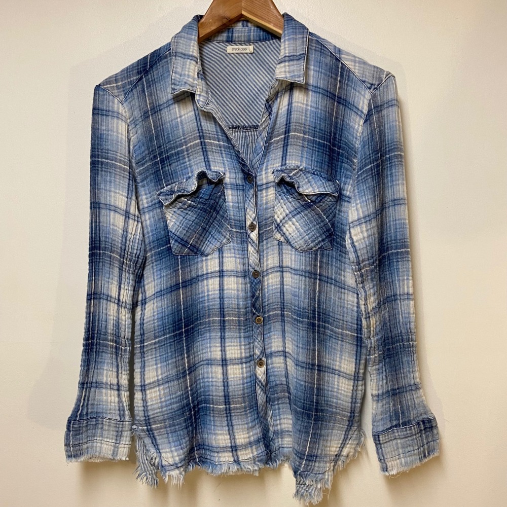 Sneak Peek Plaid Shirt Women Medium Blue Frayed Hem Cotton Gauze Western Boho
